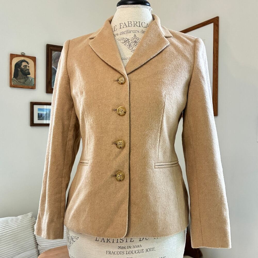 Vintage Talbots 90s Camel Hair Tan Structured Crop Suit Blazer Size 4 (Small)
